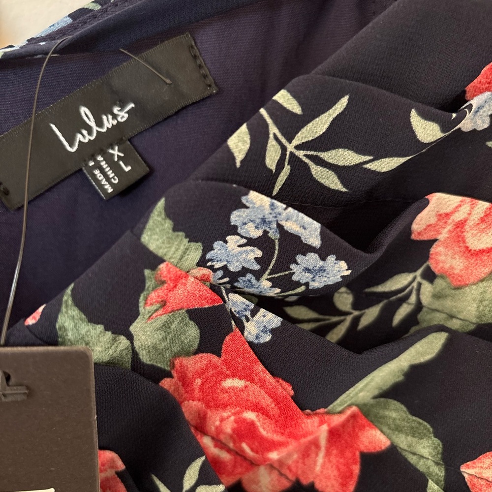 NWT Amalfi Coast Dark Navy Floral Pleated Flutter Sleeve Mini Babydoll Dress XL - Picture 9 of 12